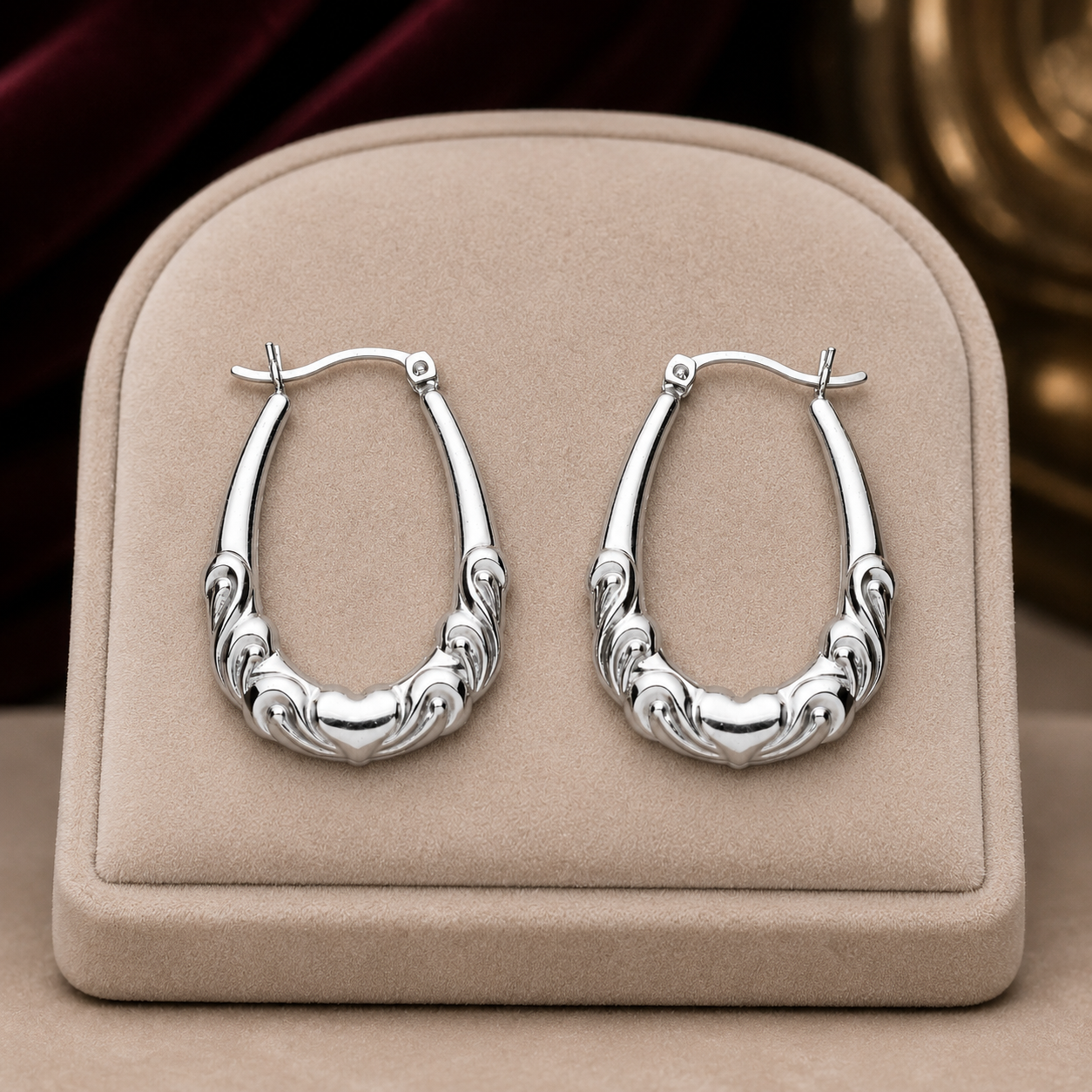 Oval Creole Hoop Earrings With Heart Sterling Silver 925 Hallmark