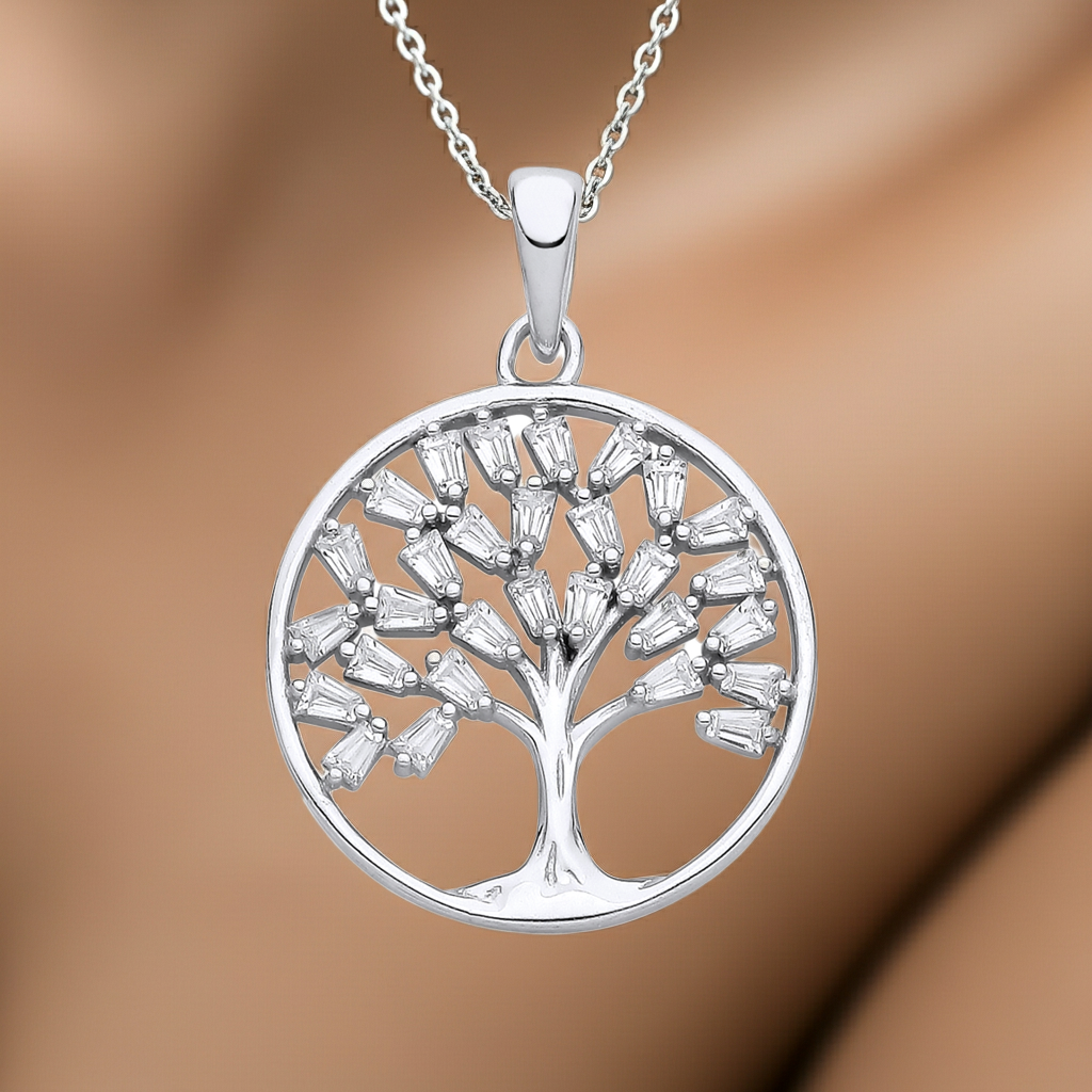Tree of Life Pendant Solid Sterling Silver Baguette Gemstones 925 Hallmark 18"