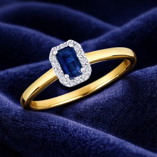 9ct Yellow Gold Sapphire and Diamond Ring Emerald Cut Cluster Size J - Q