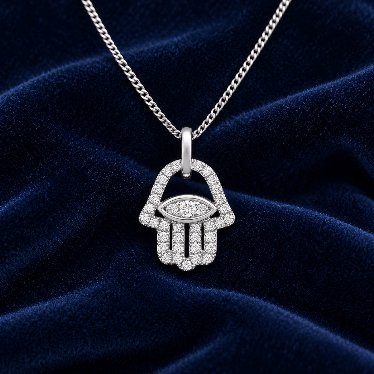Real Diamond Hamsa Pendant Necklace 9ct  White Gold 18" Chain 0.22ctw Diamonds