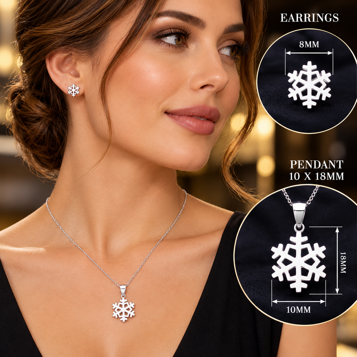 Sterling Silver Snowflake Pendant Necklace and Matching Stud Earrings Set 18"