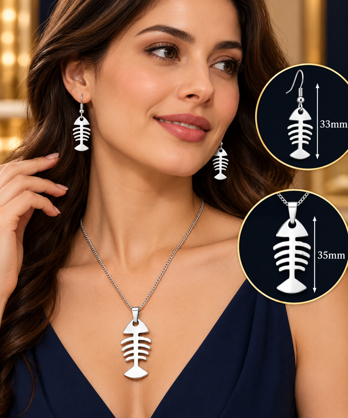 Silver Fish Bone Pendant Necklace & Drop Earrings Jewellery Set 925