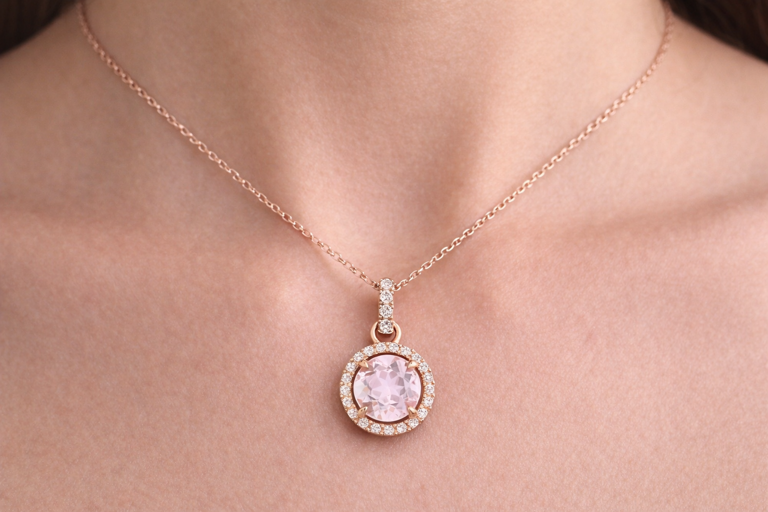 Real Amethyst Halo Pendant With Diamond Solid Rose Gold 18" 46cm Length Chain
