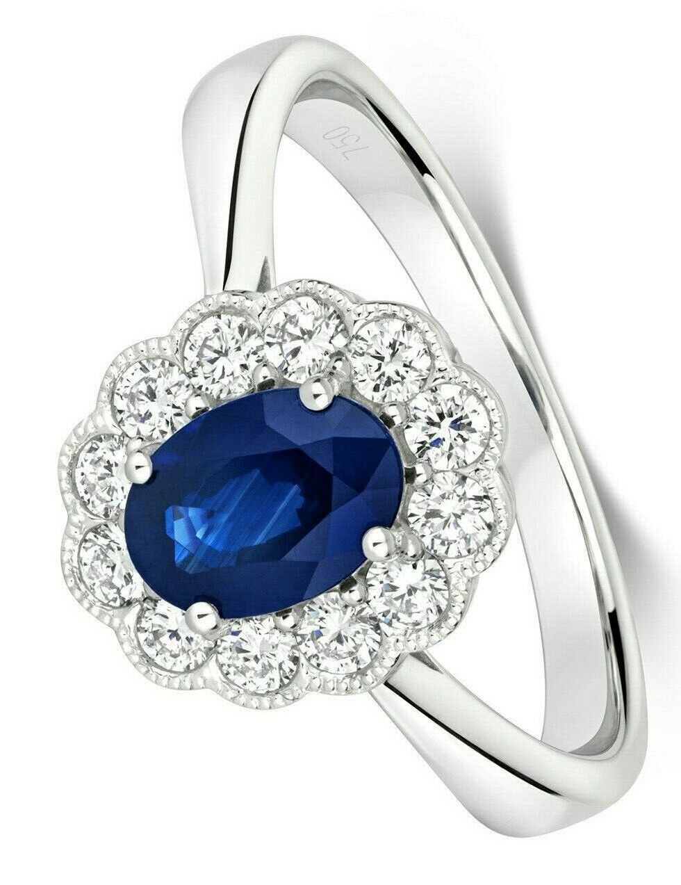 Real Sapphire and Diamond Ring 18ct White Gold Oval Flower Cluster