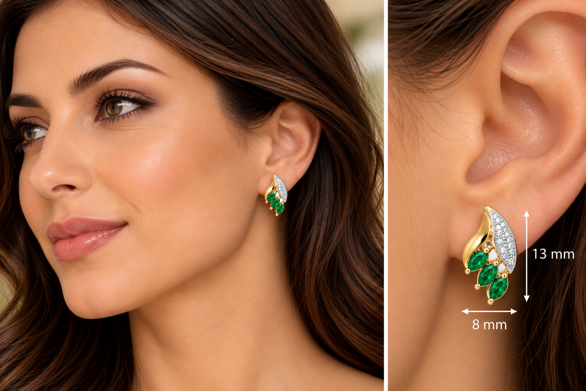 Emerald and Diamond Earrings Marquise Studs 9ct Yellow Gold