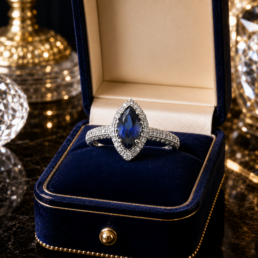 Marquise Cut Blue Sapphire Halo Ring for Women Solid White Gold