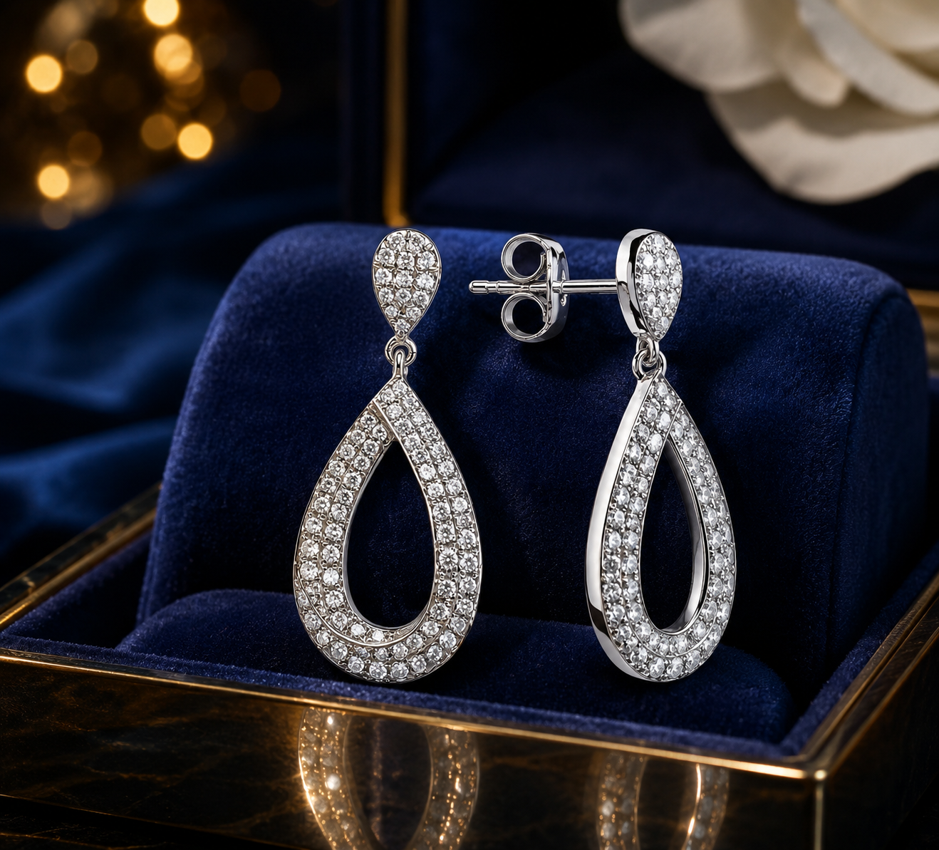 White Gold Natural Diamond Teardrop Drop Dangle Earrings 23.5mm Drop Luxury Gift