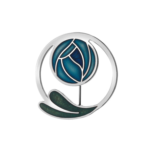 Mackintosh Blue Rose Brooch Coiled Leaf Silver Plated Brand New Gift Packaging