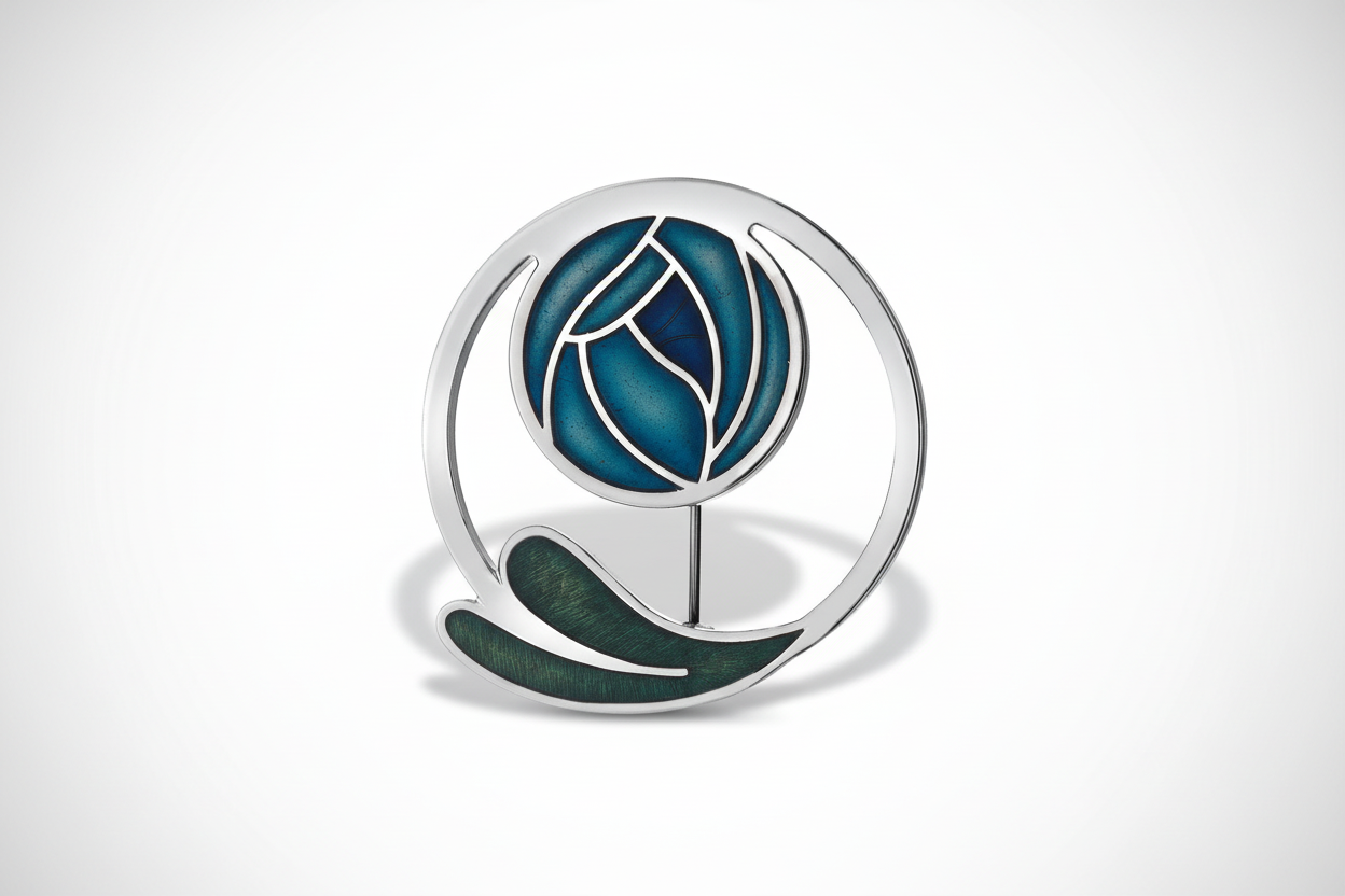 Mackintosh Blue Rose Brooch Coiled Leaf Silver Plated Brand New Gift Packaging