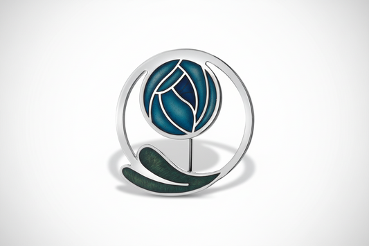 Mackintosh Blue Rose Brooch Coiled Leaf Silver Plated Brand New Gift Packaging