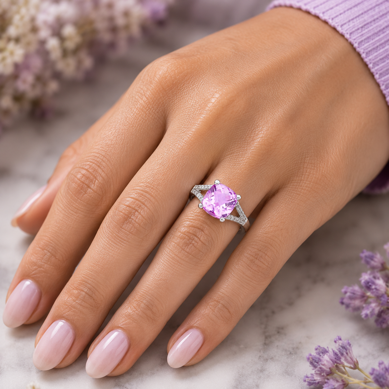 Cushion Cut Pink Sapphire & Diamond Split Shank Ring Solid White Gold Size J-Q