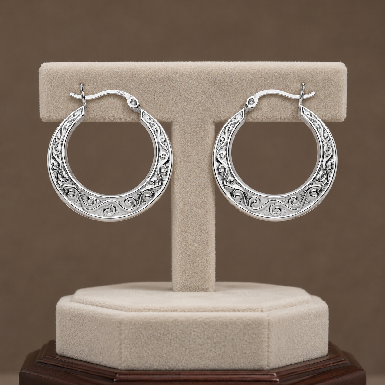 Scrollwork Filigree Creole Hoop Earrings 925 Sterling Silver 23mm