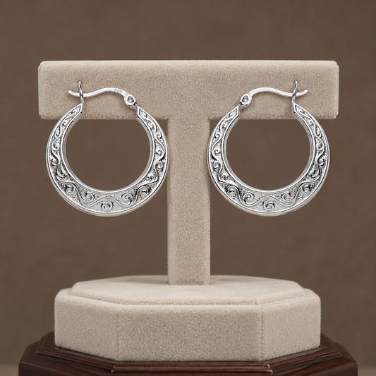 Scrollwork Filigree Creole Hoop Earrings 925 Sterling Silver 23mm