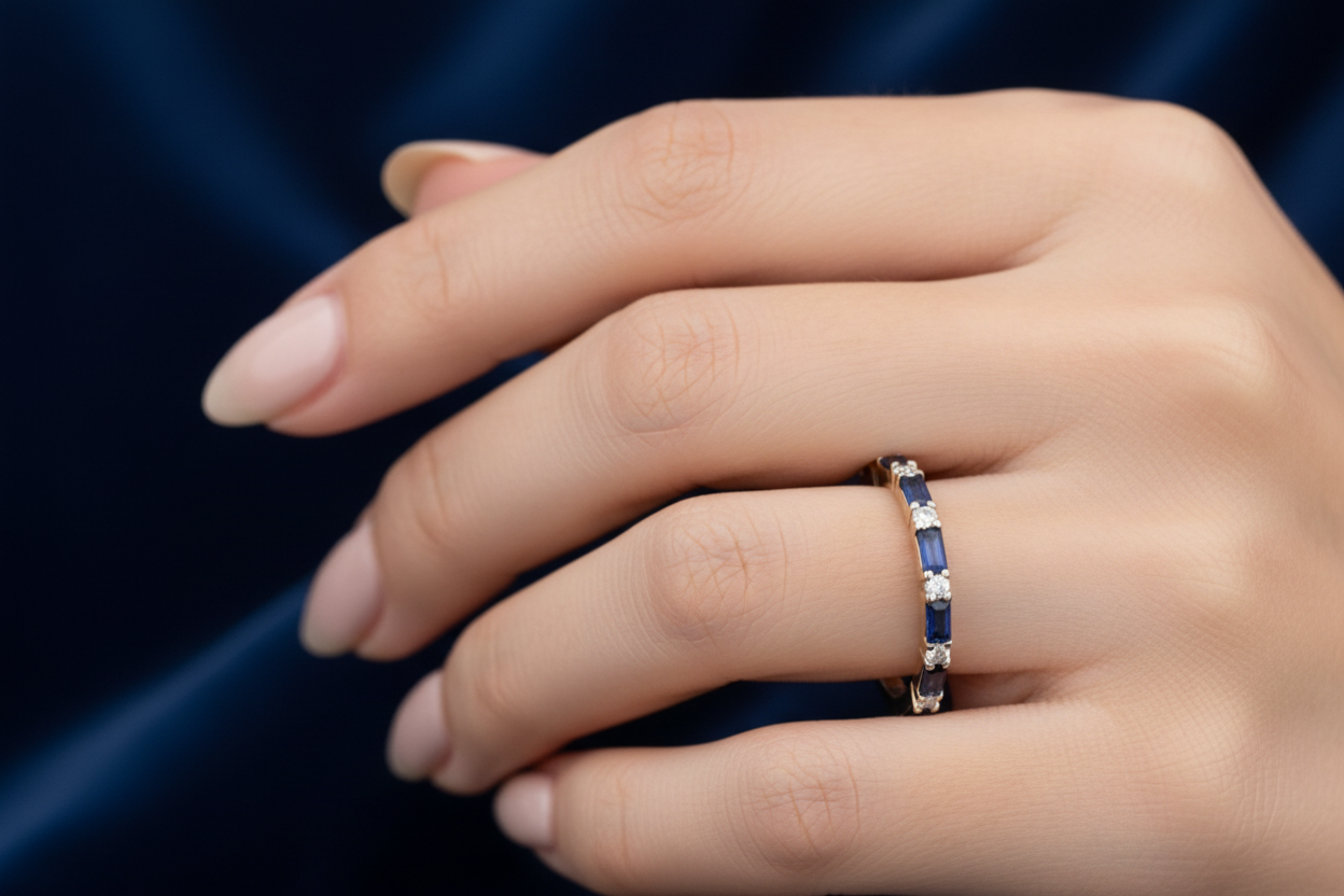 18ct Gold Sapphire Baguette Eternity Ring Band on Solid Silver 925 Size K-S