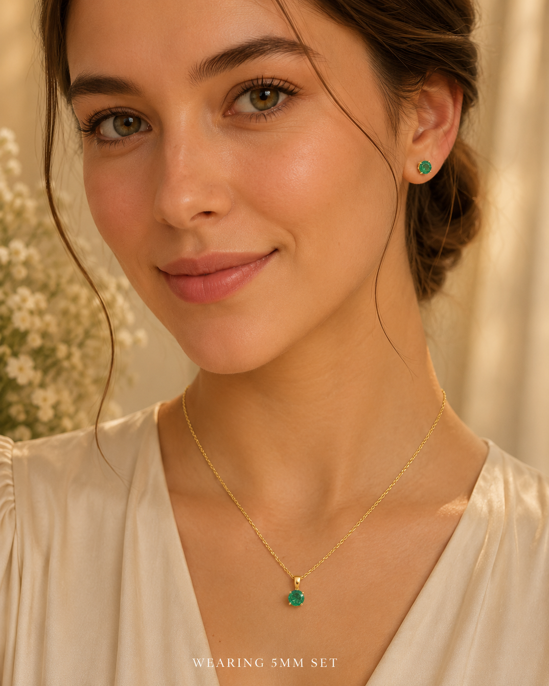 Classic Emerald Solitaire Pendant on Chain Matching Stud Earrings Yellow Gold