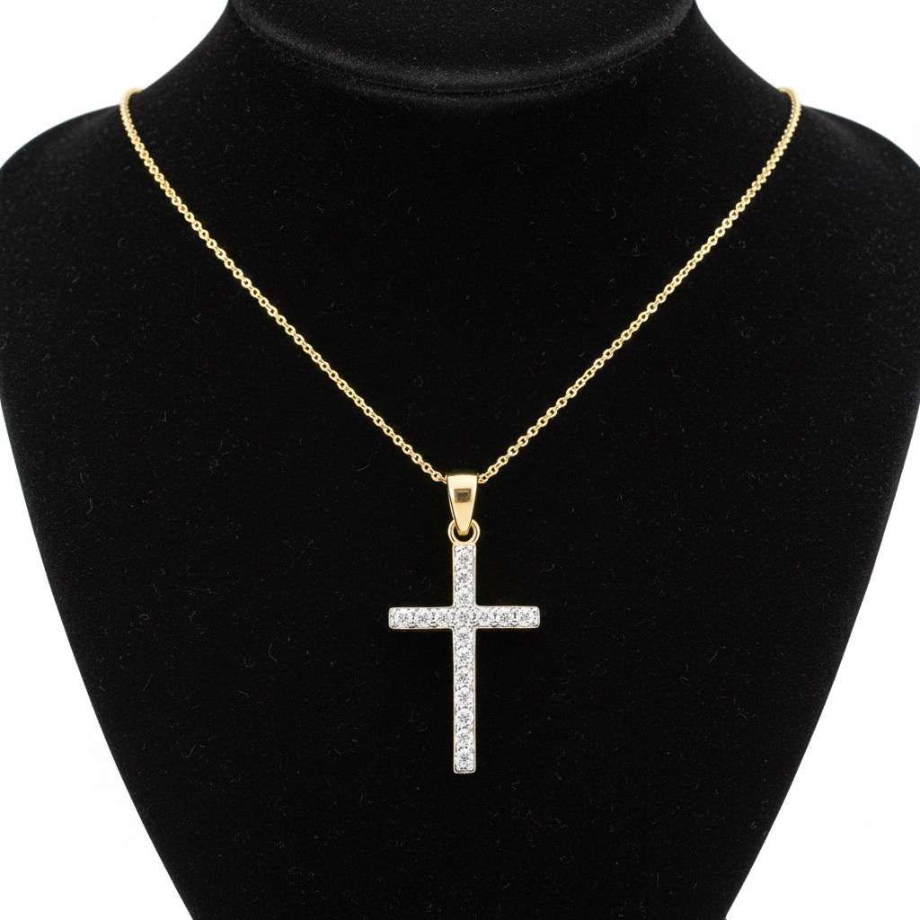 18ct Gold Zircon Cross Pendant on Solid Sterling Silver 925 Hallmark 18" Chain