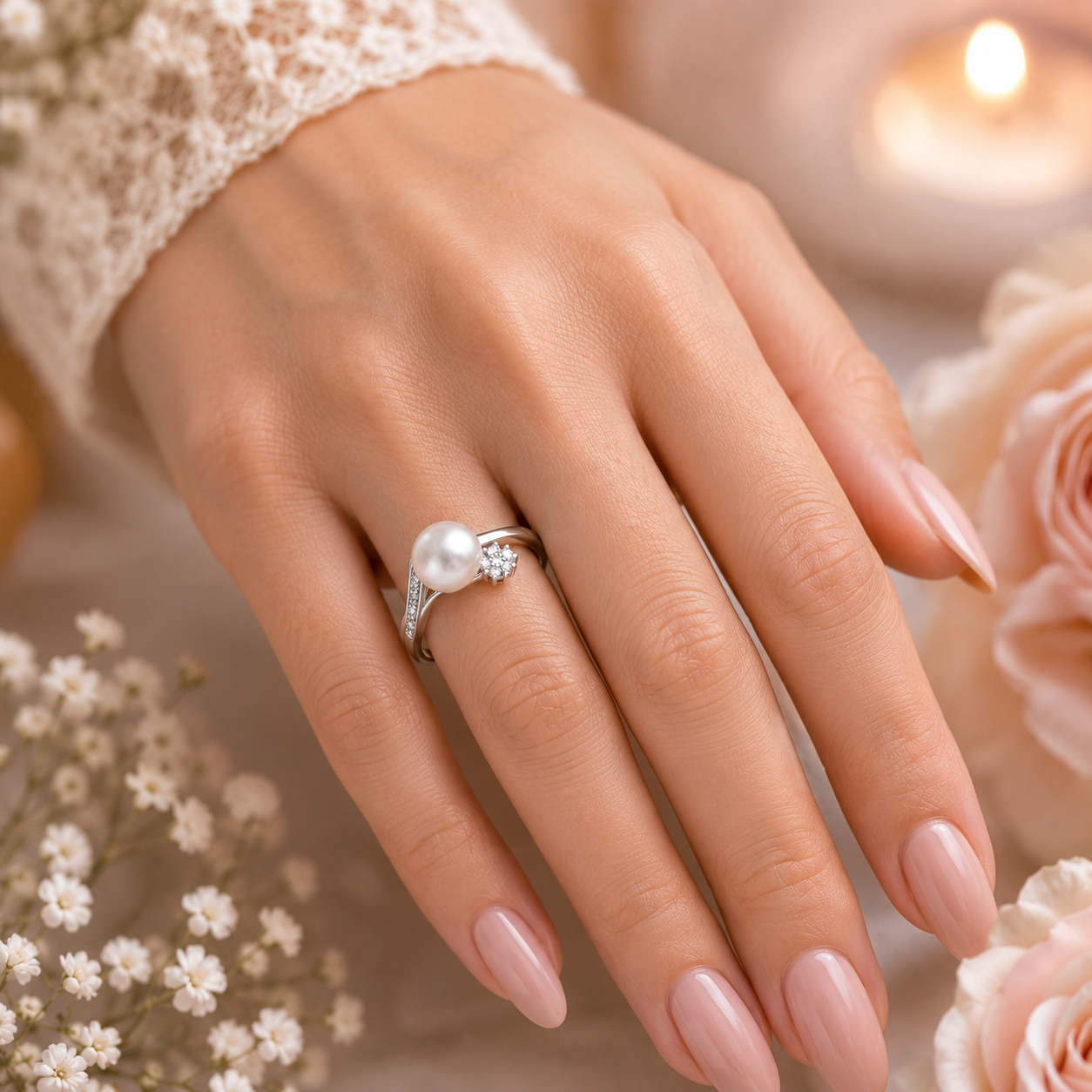 Classic Freshwater Pearl Ring with Diamond Cluster in 375 White Gold