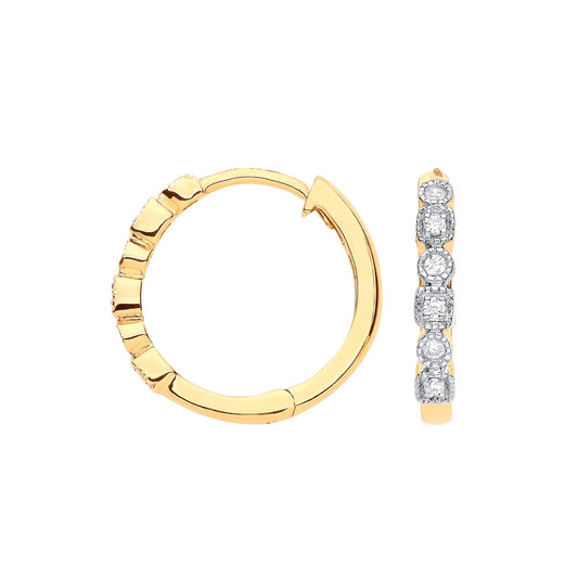 9ct Yellow Gold Round 0.10ctw Diamond Hoops Hallmarked 16mm Diameter