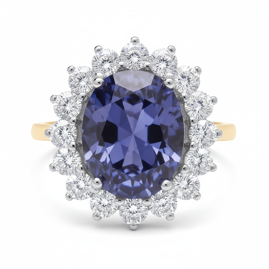 18ct Gold Large Tanzanite Ring Cluster on Sterling Silver 925 Hallmark Size K-S