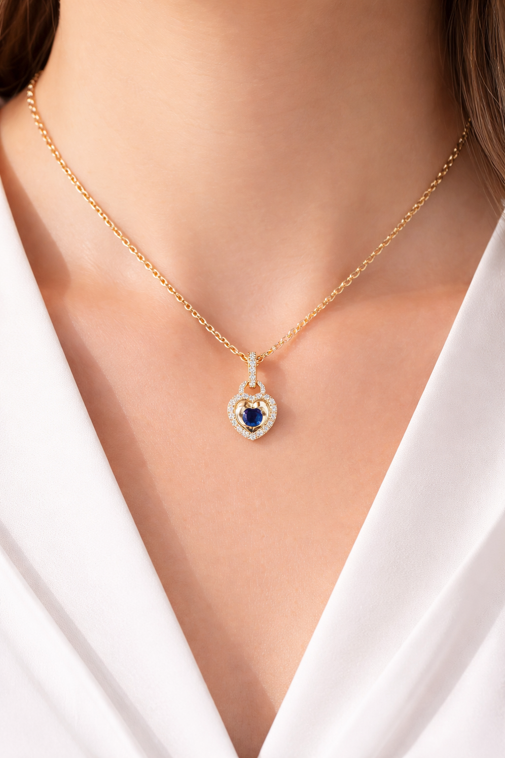 Sapphire Heart Necklace With Diamond Solid Yellow Gold 18" 46cm Length Chain