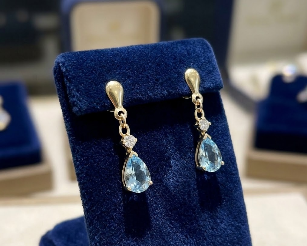 9ct Gold Blue Topaz Teardrop Dangle Earrings Diamond Accent Fine Jewellery