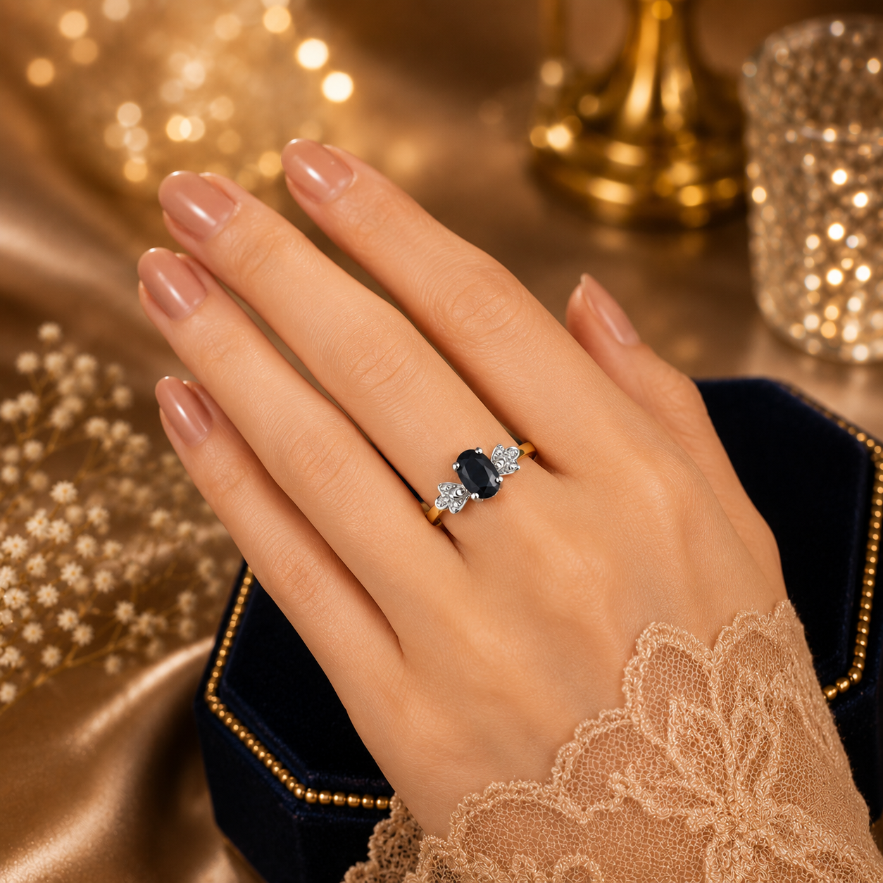 9ct Yellow Gold Sapphire & Diamond Three-Stone Ring – Oval Cut, Vintage Style