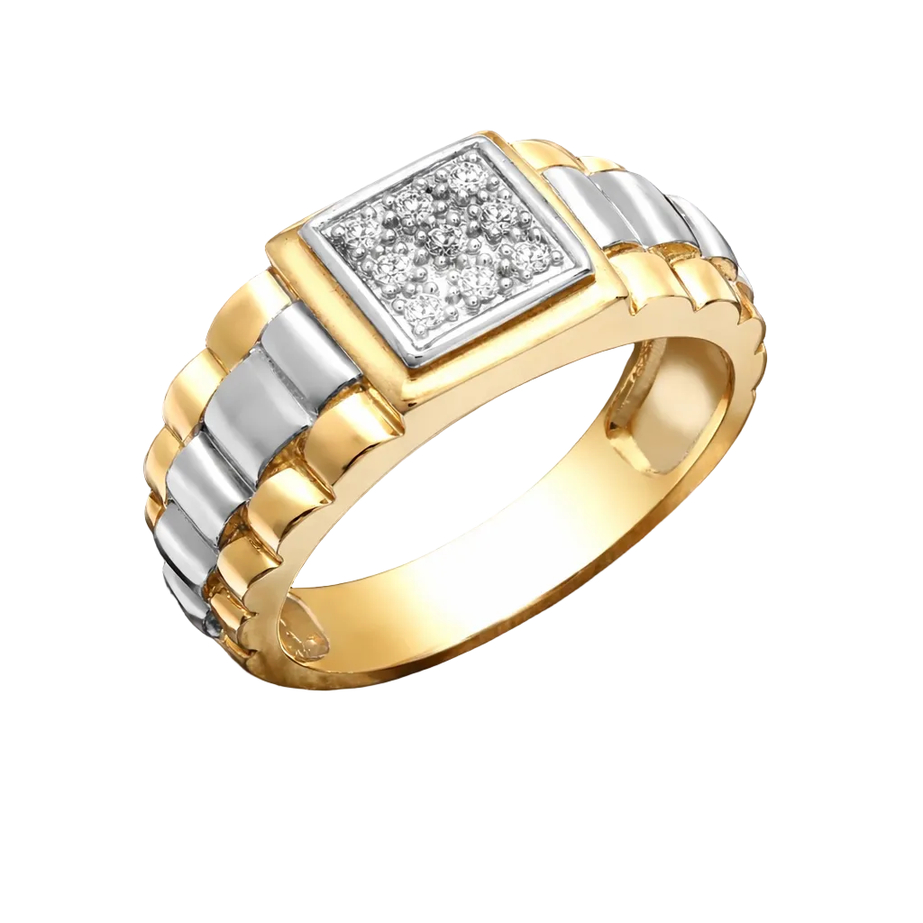 Men's Natural Diamond Ring Solid Yellow and White Gold 0.15ctw Diamonds