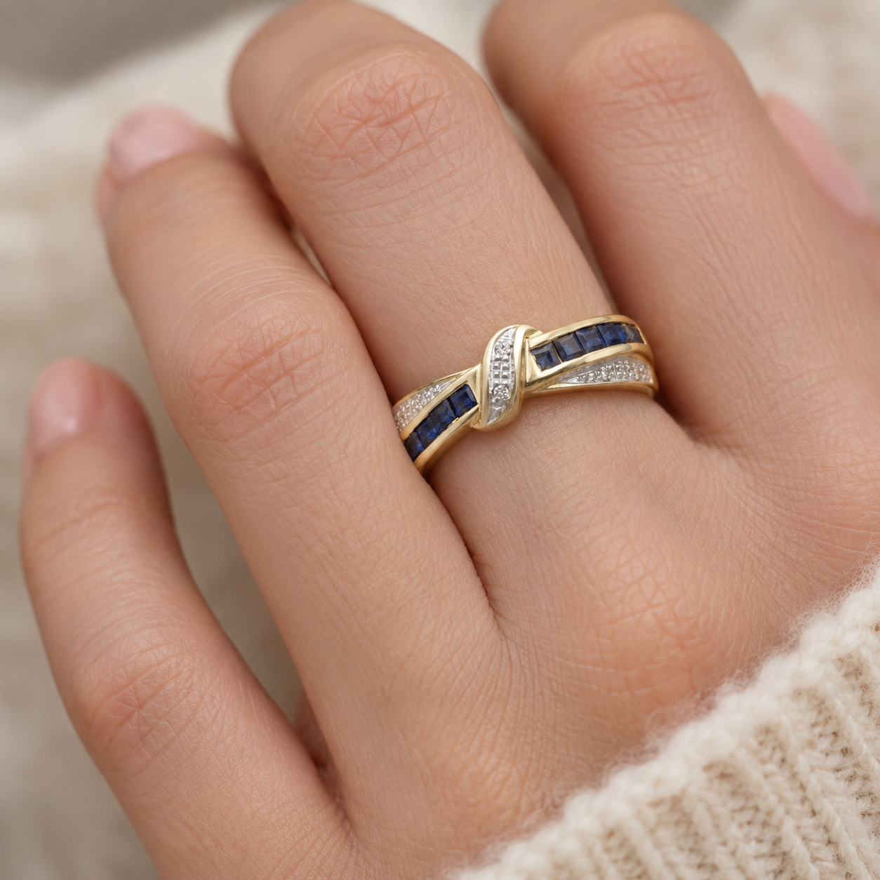 Princess Cut Blue Sapphire & Diamond Infinity Twist Ring Eternity 9K Yellow Gold