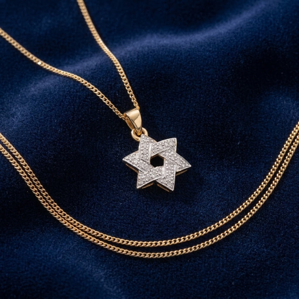 Star of David Diamond Pendant Necklace 9ct Yellow Gold 18" Chain