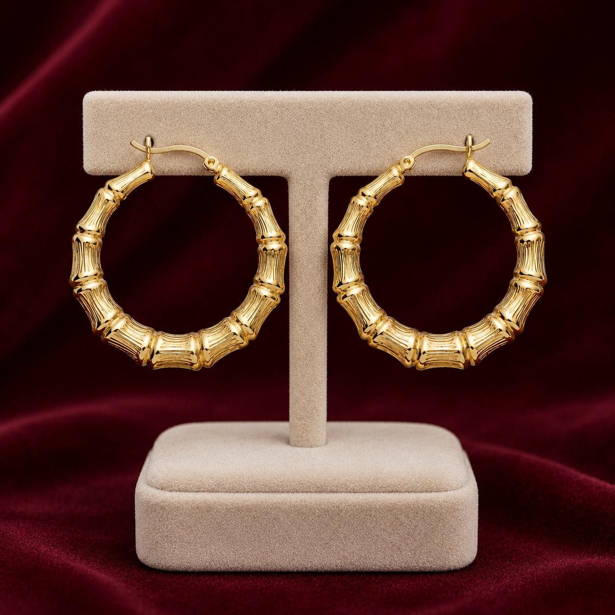 18ct Gold Bamboo Creole Hoop Earrings on Sterling Silver 925 Hallmark 36mm
