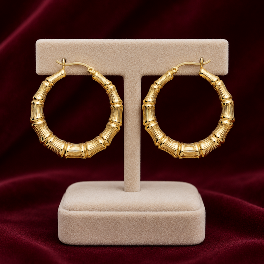 18ct Gold Bamboo Creole Hoop Earrings on Sterling Silver 925 Hallmark 36mm