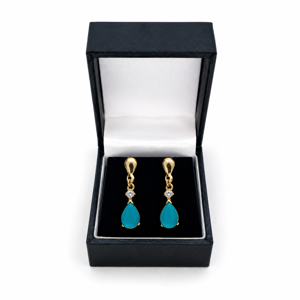 9ct Gold Genuine Turquoise Teardrop Drop Earrings With Diamond 21mm Drop