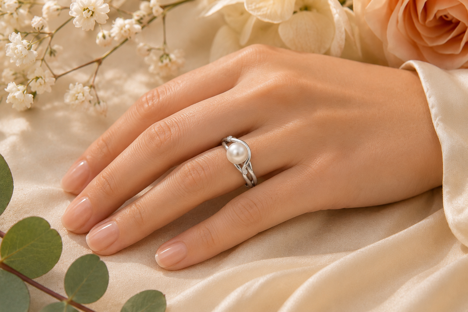 Elegant Freshwater Pearl & Diamond Accent White Gold Crossover Ring