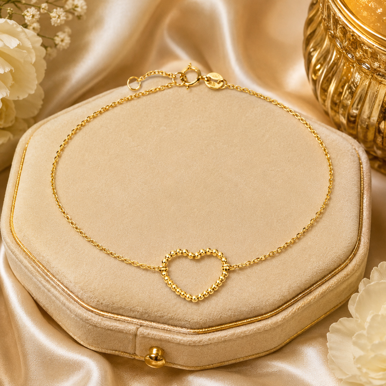 Beaded Open Heart Chain Bracelet 9ct Yellow Gold 375 Hallmark 17.5 - 19cm