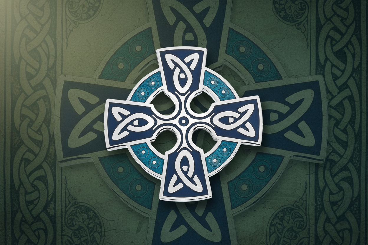 Celtic Cross Head Brooch Turquoise Silver Plated Brand New Gift Packaging