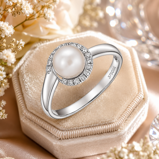 White Gold Freshwater Pearl Halo Ring with Natural Diamonds