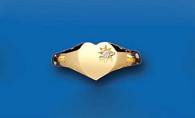 Ladies Diamond Signet Ring Solid 9ct Yellow Gold Heart Fully Hallmarked