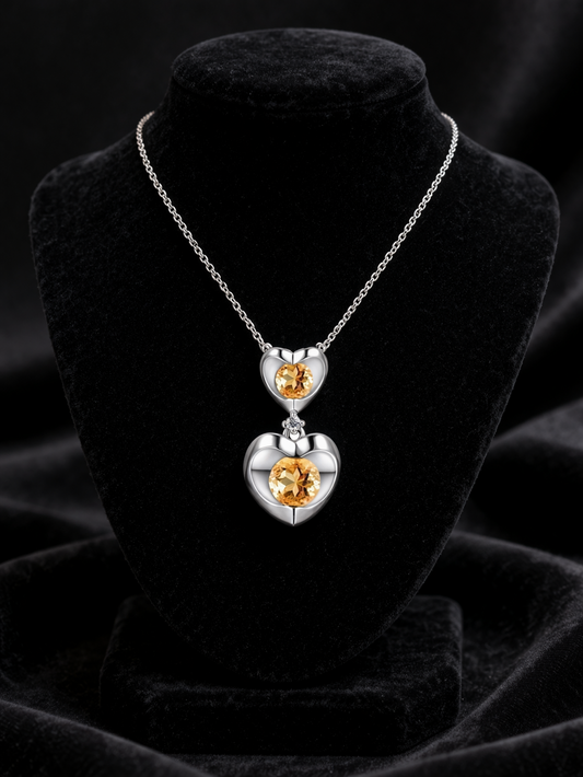 Citrine Heart Necklace With Diamond Solid White Gold 18" 46cm Length Chain