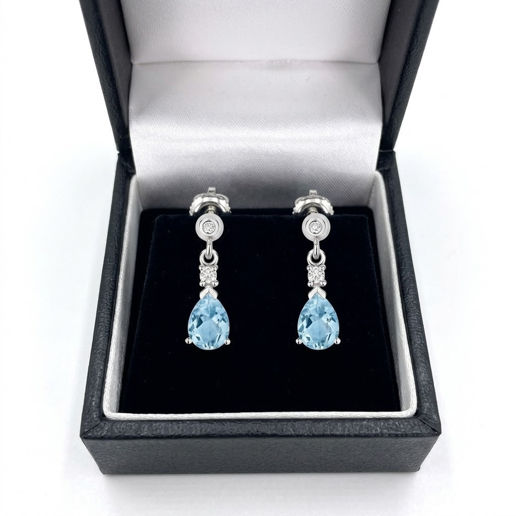Real White Gold Aquamarine & Diamond Drop Earrings Pear Cut Gemstone Dangle Stud