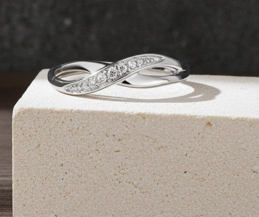 Natural Diamond Crossover Eternity Ring Rhodium on Solid Sterling Silver 925