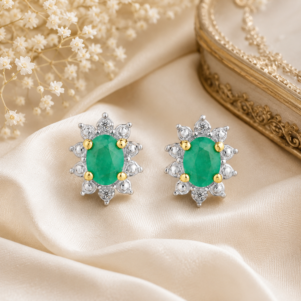 Natural Emerald & Diamond Halo Stud Earrings 9ct Yellow Gold 375