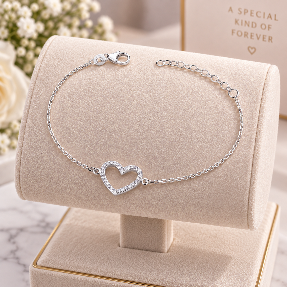 Sterling Silver  Open Heart Charm Chain Bracelet Adjustable Lobster Clasp