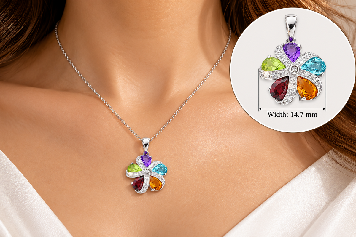 Multicolour Gemstone Flower Pendant Natural Diamond White Gold 18" Chain