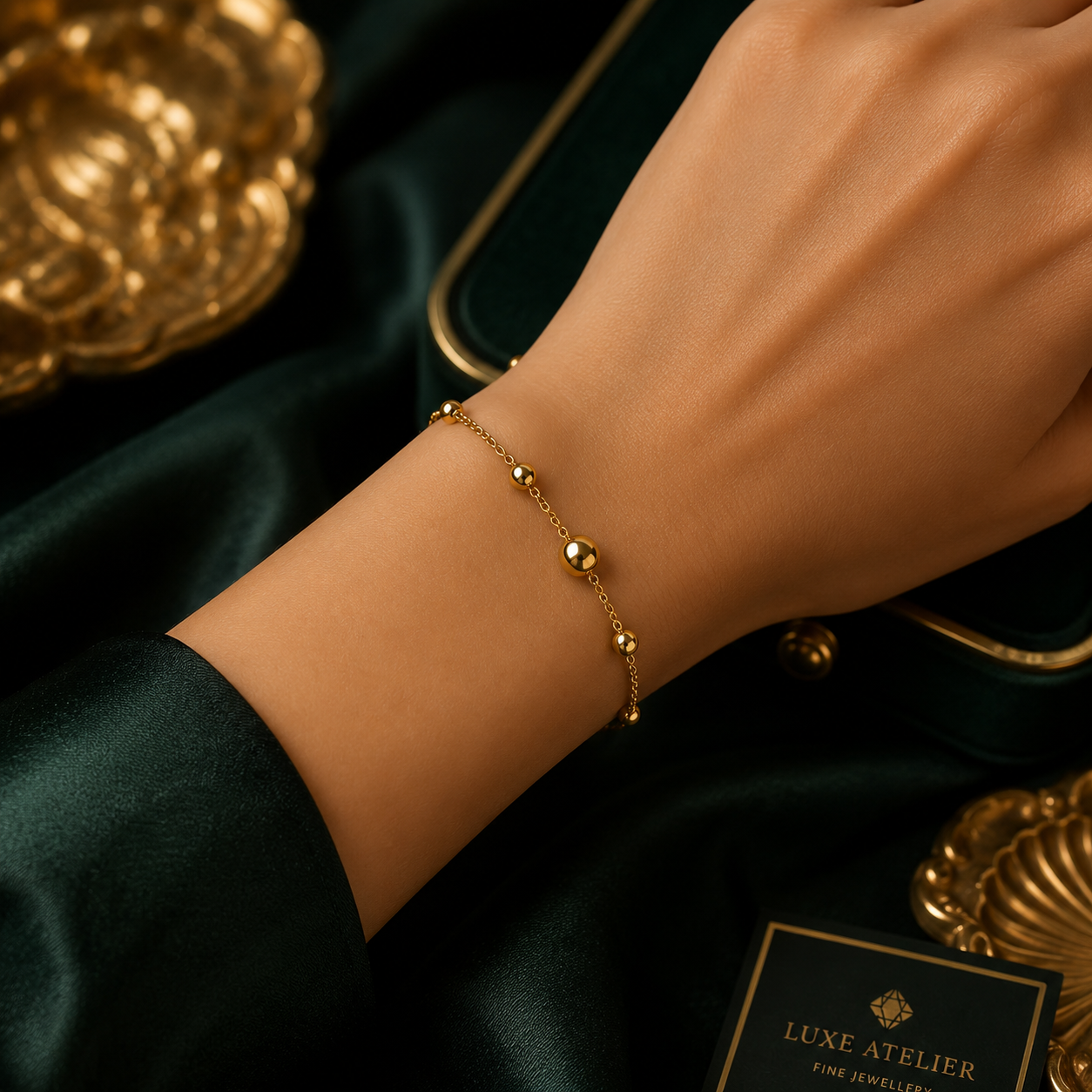 Gold Beaded Station Chain Bracelet 9ct Yellow Gold 375 Hallmark 19cm