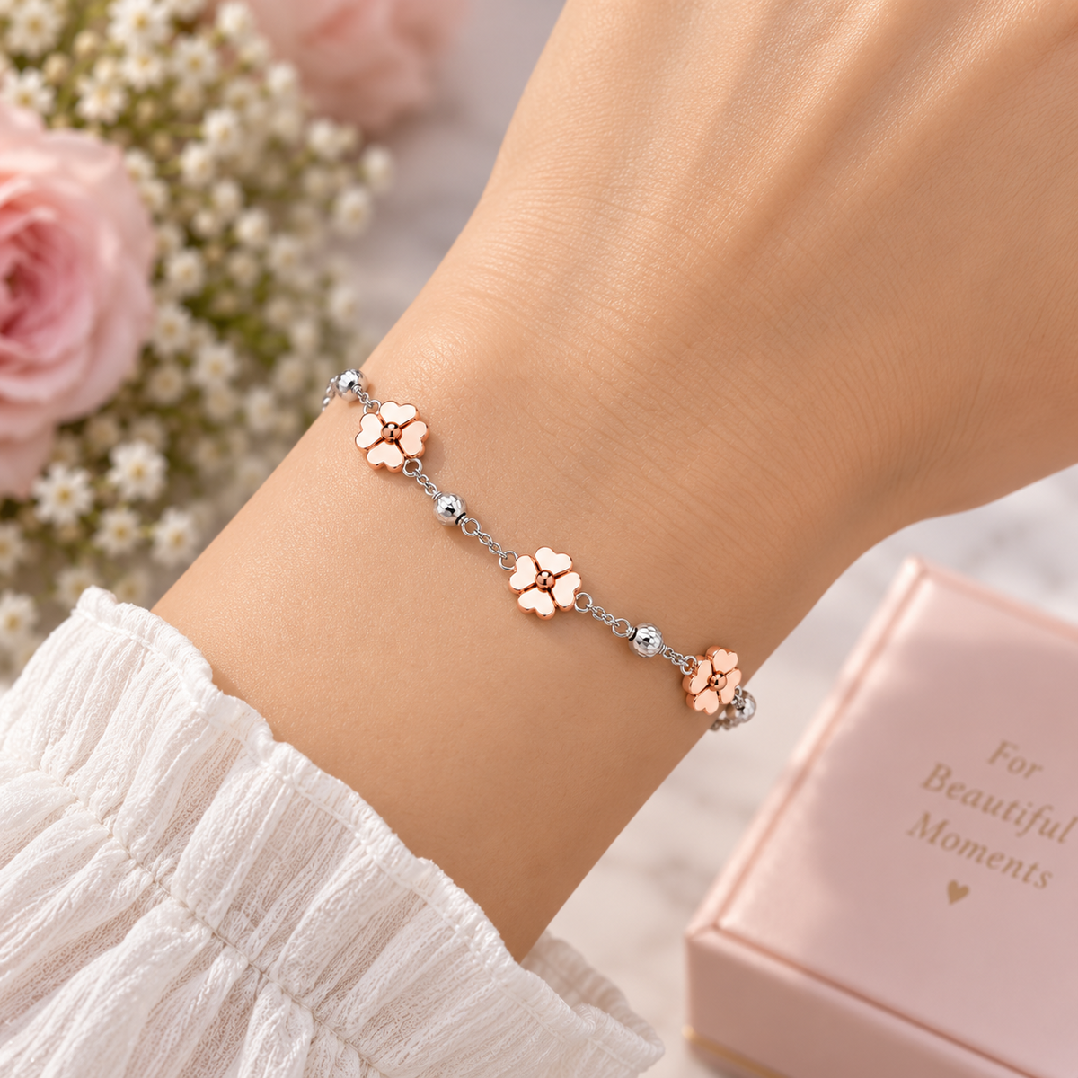 Rose Gold Flower Charm Solid Sterling Silver Chain Bracelet Beaded 925 Hallmark