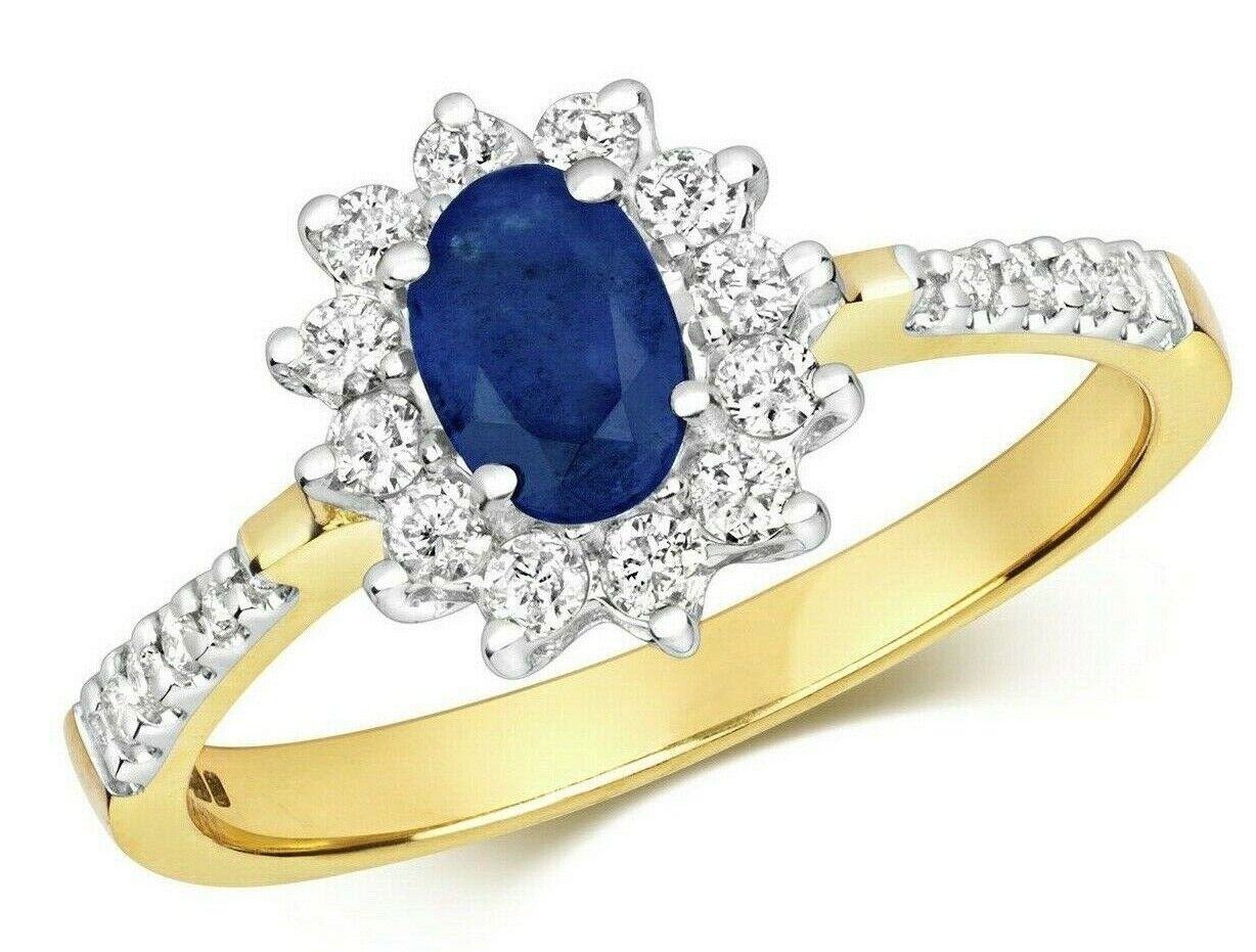 Real Sapphire and Diamond Ring 9ct yellow Gold Oval Cluster Engagement Size J-Q