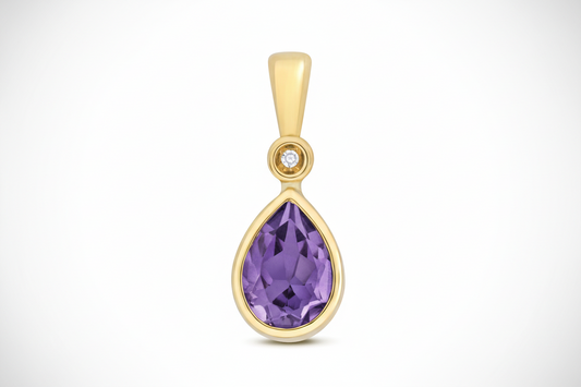 Amethyst and Diamond Solitaire Pendant 9ct Yellow Gold Teardrop Pear Necklace
