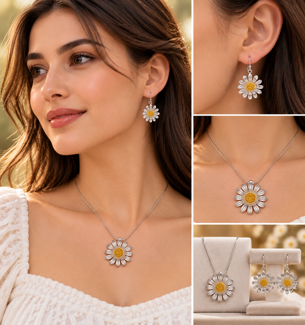 Sunflower Matching Set Solid Sterling Silver 925 Snake Chain Pendant & Earrings