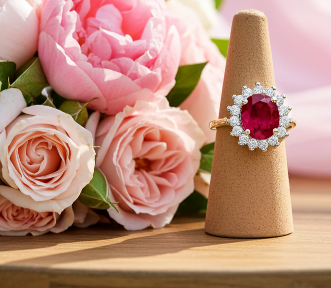 18ct Gold Ruby Cluster Ring on Solid Sterling Silver 925 Hallmark Sizes J-V