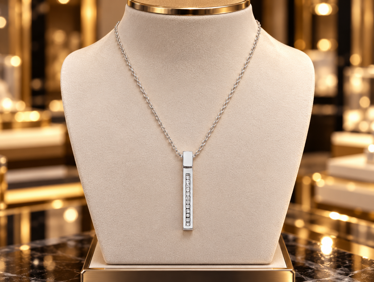 Diamond Vertical Bar Pendant Necklace 9ct White Gold 18" Chain